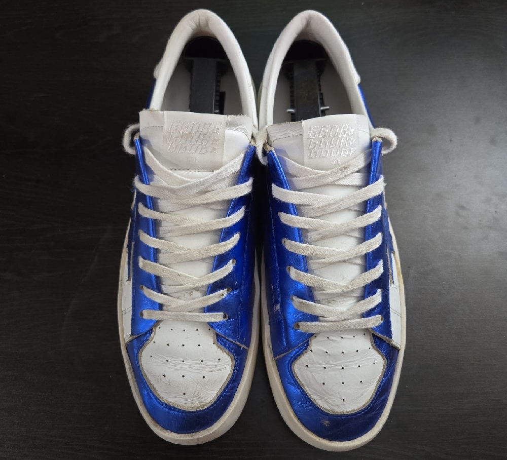 Golden Goose White and Blue Metallic Low-Top Sneakers -40